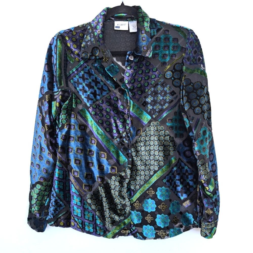 Koret Petite Crushed Velvet Semi Sheer patch mixed design Blouse Sz PP flowy